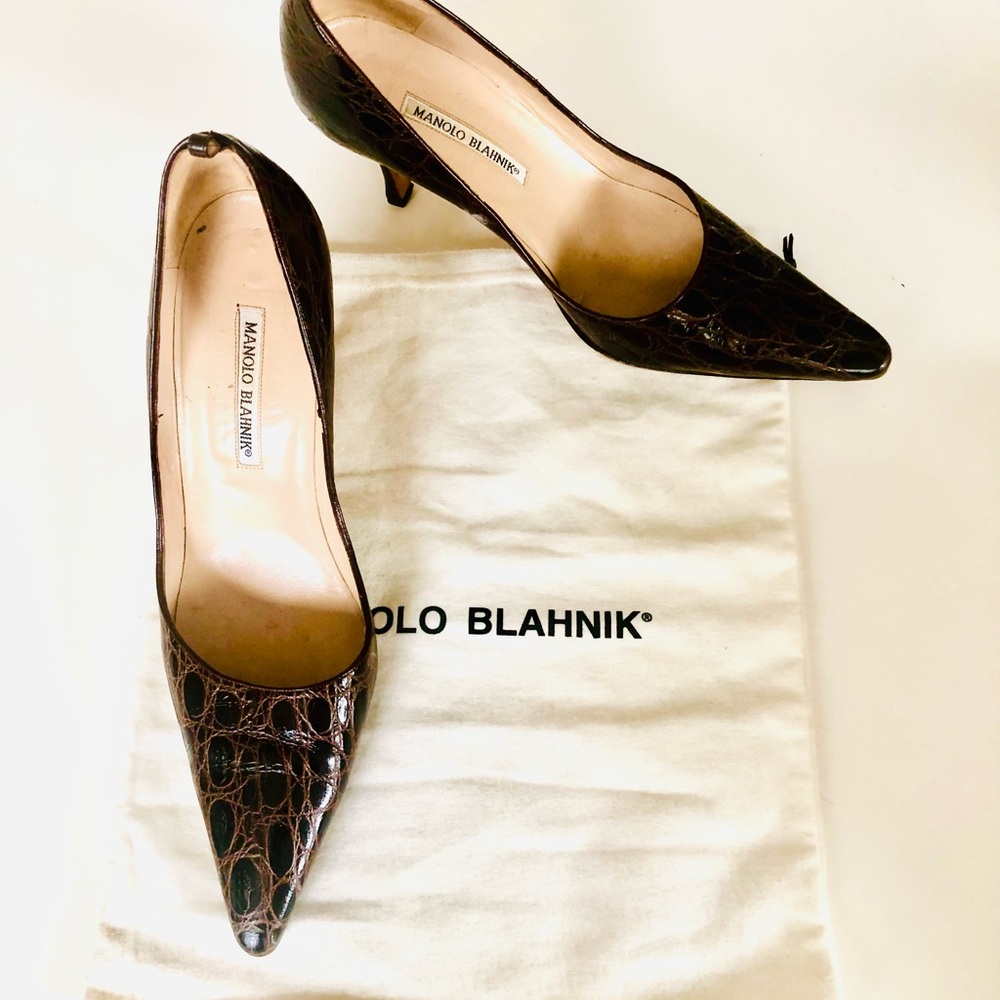 Manolo Blahnik Dark Brown Crocodile Pumps